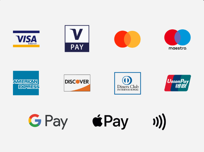 Moyens de paiement acceptés : Visa, V Pay, Mastercard, Maestro, American Express, Discover, Diners Club, UnionPay, Google Pay, Apple Pay et paiement sans contact